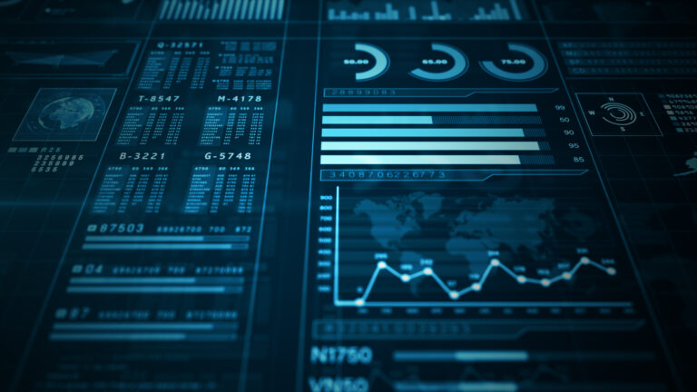 Close up of Digital Data Analysis Interface Display, Digital analytical display with graphs, data, and a world map blue background. 3d rendering